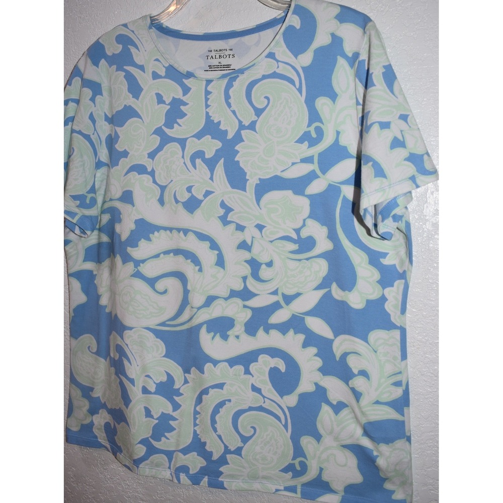 Talbots Tee XL Stretch Top Blue Mint Green Paisley Floral Short Slv Pullover - Picture 12 of 16